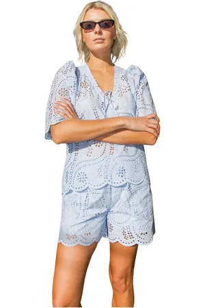 Crās Bluser & Skjorter, Dame, Blå, L, Bomuld, Gennemsigtig Broderie Anglaise Bluse