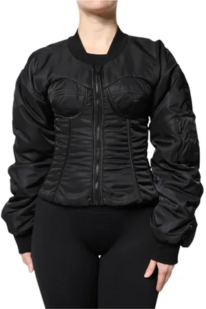 Dolce & Gabbana Jakke, Dame, Sort, 2XS, Nylon, Leopard Print Bustier Corset Bomber Jakke