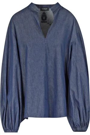 Dondup Bluser & Skjorter, Dame, Blå, XS, Denim, Denim V-hals bluse med ballonærmer