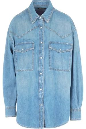 Dondup Bluser & Skjorter, Dame, Blå, S, Denim, Denim Skjorte med Trykknapper