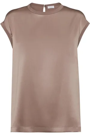 Brunello Cucinelli Bluser & Skjorter, Dame, , XS, Taupe Crew Neck Skjorte Korte Ærmer