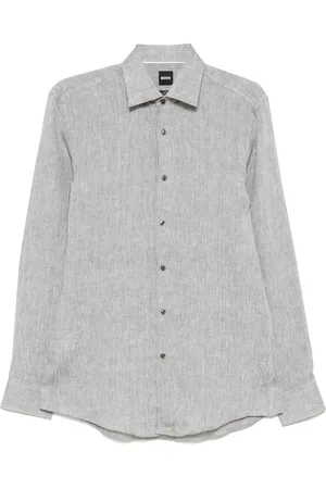 HUGO BOSS Skjorte, Herre, Grå, XL, Linned, Slim Fit Linned Skjorte, Designers Kode