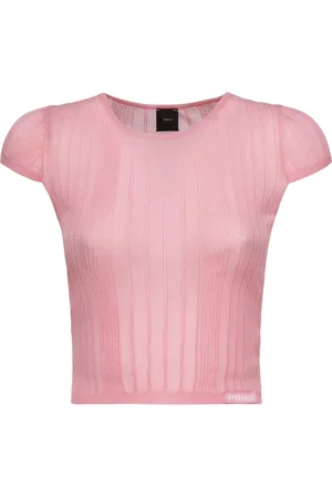 Pinko Strik, Dame, Lyserød, XS, Sweaters Crewneck Short Sleeve Ribbed