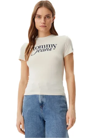 Tommy Hilfiger Top, Dame, Hvid, L, Bomuld, Slim Fit Bomuld T-Shirt - Beige