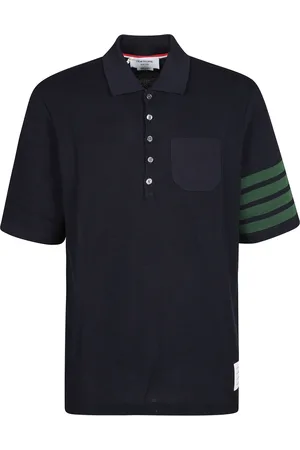 Thom Browne Top, Herre, Blå, S, Bomuld, Kortærmet Polo med Striklomme på Brystet