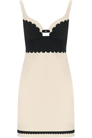 Elisabetta Franchi Kjole, Dame, Hvid, M, Uld, Elegant Sort Skallop Kjole