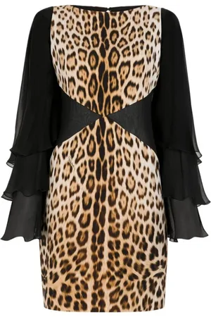 Roberto Cavalli Kjole, Dame, Brun, S, Leopard-Print Mini Kjole Bådudskæring