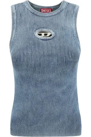 Diesel Top, Dame, Blå, S, Bomuld, Ribbet tanktop med metal Oval D-logo