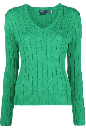 Ralph Lauren Strik, Dame, Grøn, M, Bomuld, Grøn V-hals Broderet Sweater