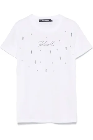 Karl Lagerfeld Top, Dame, Hvid, S, Bomuld, Baltisk dame T-shirt med krystaludsmykning