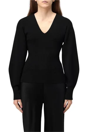 Alberta Ferretti Strik, Dame, Sort, M, Uld, Sort Ribstrikket V-hals Sweater