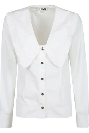 Ganni Bluser & Skjorter, Dame, Hvid, S, Bomuld, V-Neck Shirt i Bomuld