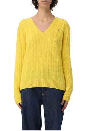 Ralph Lauren Strik, Dame, Gul, XS, Bomuld, Citron Cable Strik V-Hals Sweater