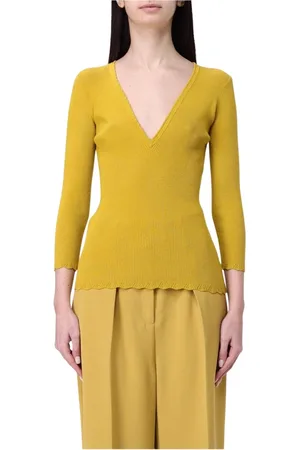 Elisabetta Franchi Strik, Dame, Gul, L, Sort Ribstrikket V-hals Sweater