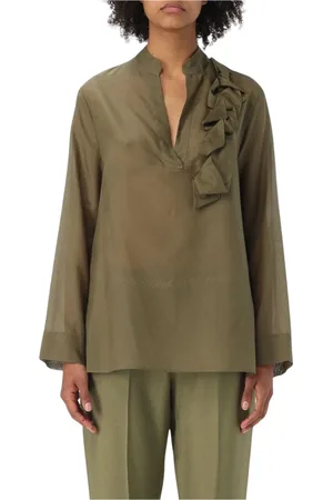 HANITA Bluser & Skjorter, Dame, Grøn, M, Elegant Oliven Silkebluse Rynket Detalje