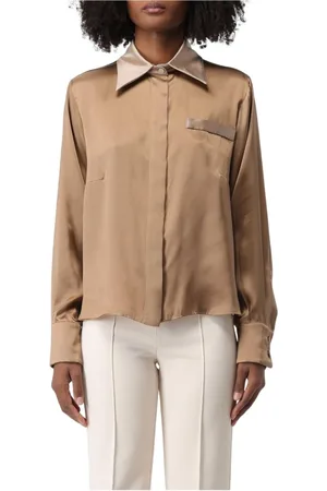 HEBE STUDIO Bluser & Skjorter, Dame, Brun, L, Elegant Camel Silk Blouse Skjorte
