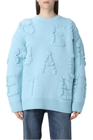Bottega Veneta Strik, Dame, Blå, M, Uld, Logo Intarsia Uld Pullover Sweater
