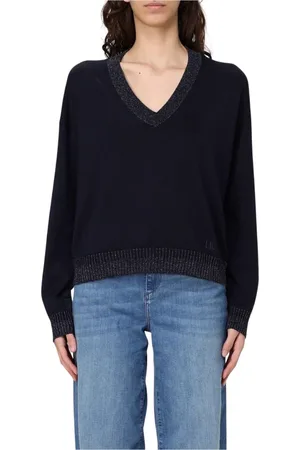 Liu Jo Strik, Dame, Blå, S, Uld, Blå Glitter Trim Strik Sweater