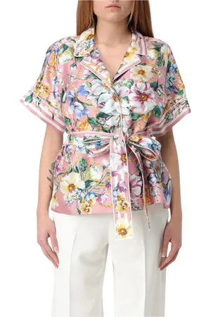 Dolce & Gabbana Bluser & Skjorter, Dame, Flerfarvet, S, Blomstret silkeskjorte med bælte