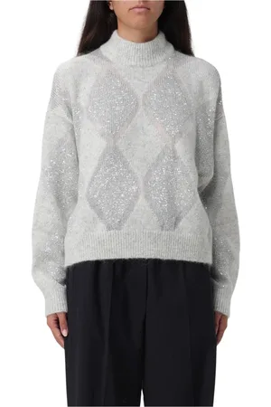 Brunello Cucinelli Strik, Dame, Grå, S, Uld, Argyle Strik Paillet Sweater