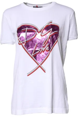 Dolce & Gabbana Top, Dame, Hvid, 3XS, Bomuld, Hvid Trykt Bomuld Rund Hals T-shirt
