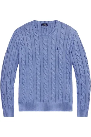 Ralph Lauren Strik, Herre, Blå, L, Bomuld, Kabelstrikket Bomulds Sweater MED Rundt Hals - Mellem BLÅ