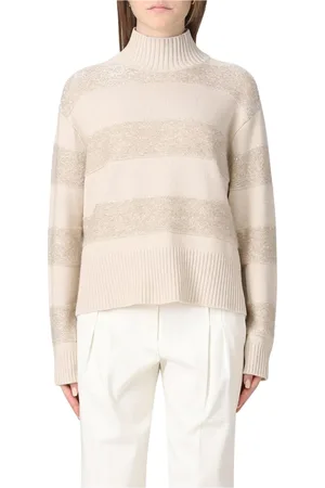 Brunello Cucinelli Strik, Dame, , L, Uld, Luksuriøs Stribet Sweater i Sand
