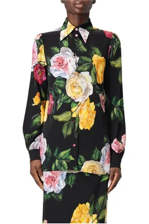 Dolce & Gabbana Bluser & Skjorter, Dame, Flerfarvet, 2XS, Pæon Print Silkeskjorte