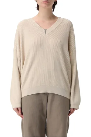 Brunello Cucinelli Strik, Dame, , XS, Cashmere, Hvid Cashmere V-Hals Sweater