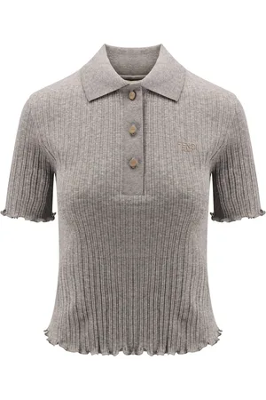 Fendi Top, Dame, Grå, M, Bomuld, Ribbet bomuldspolo med logo