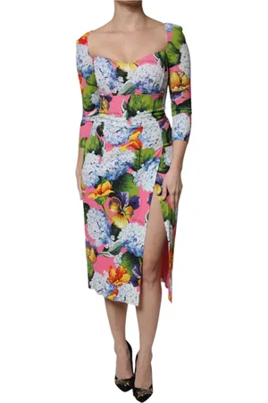 Dolce & Gabbana Kjole, Dame, Flerfarvet, XL, Blomstret Midi Kjole med Sideslidser