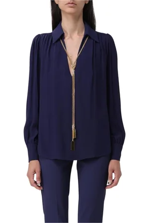Elisabetta Franchi Bluser & Skjorter, Dame, Blå, M, Uld, Hvid Kravebluse Elegant Stil