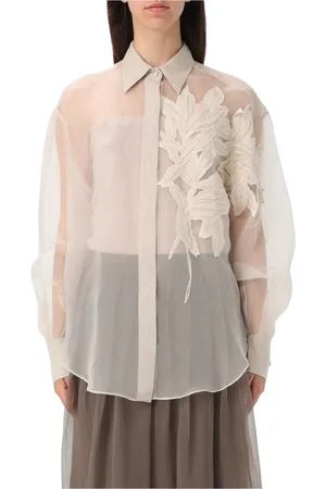Brunello Cucinelli Bluser & Skjorter, Dame, , S, Blomstret Broderet Silkebluse
