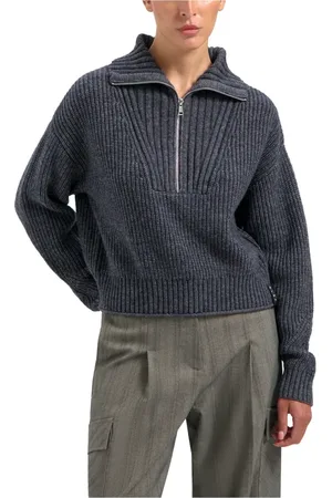 OLAF HUSSEIN Strik, Dame, Grå, L, Uld, Elegant Merino Half Zip Strik Sweater