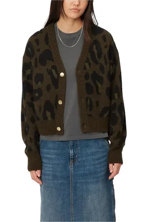 Carhartt Strik, Dame, Grøn, XS, Uld, Camo Leo Jacquard Cardigan Tamarind