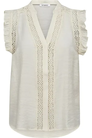 Co`Couture Bluser & Skjorter, Dame, Hvid, S, Top med flæser, V-udskæring og broderede detaljer