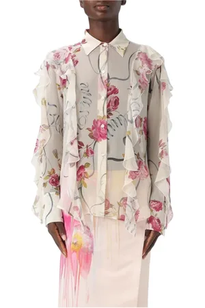 BLUMARINE Bluser & Skjorter, Dame, Flerfarvet, L, Hvid Blomstret Silkebluse Rynkede Ærmer