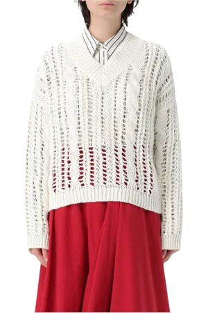 Brunello Cucinelli Strik, Dame, Hvid, XS, Bomuld, Hvid V-hals Bomuldssweater