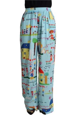 Dolce & Gabbana Bukser, Dame, Flerfarvet, XS, Uld, Lyseblå Tegning Brede Benbukser