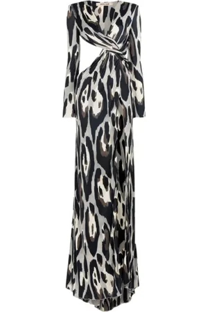 Roberto Cavalli Kjole, Dame, Grå, S, Uld, Jaguar-Print Maxi Kjole med Cut-Out
