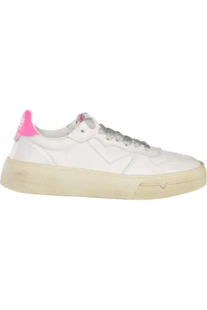 4b12 Sko, Dame, Hvid, 38 EU, Læder, Hvide Lædersneakers med Fuchsia Detalje