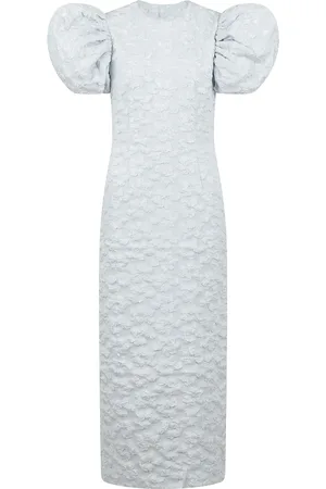 ROTATE Kjole, Dame, Blå, L, Polyester, Midi Jacquard Puff Sleeve Kjole