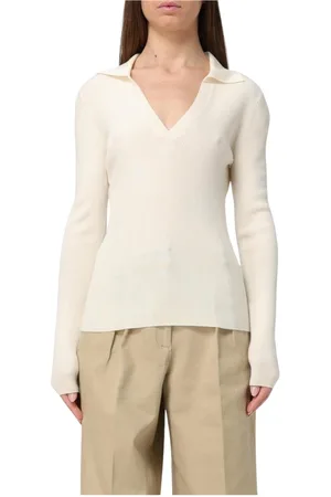 Allude Strik, Dame, Hvid, L, Cashmere, Hvid Ribbet V-hals Strik Trøje