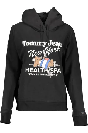 Tommy Hilfiger Sweathshirts & Hoodies, Dame, Sort, L, Uld, Sort hættetrøje med tryk og broderi