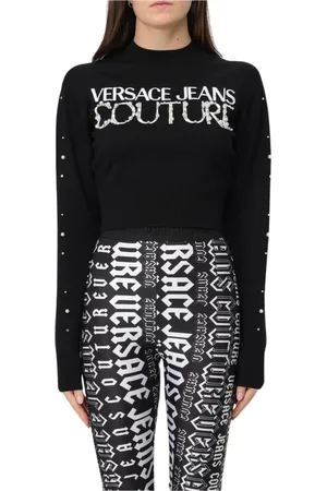 VERSACE Strik, Dame, Sort, M, Sort Striktrøje med Perledetalje