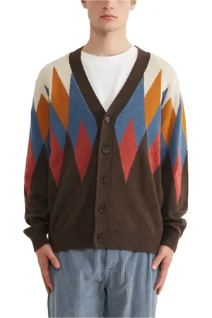 Edmmond Studios Strik, Herre, Flerfarvet, S, Uld, Diamantmønster Cardigan i Chokolade