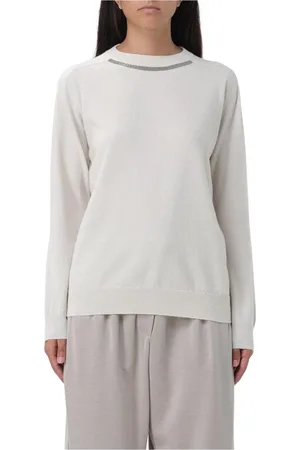 Brunello Cucinelli Strik, Dame, Hvid, L, Cashmere, Sort Cashmere Crew Neck Sweater