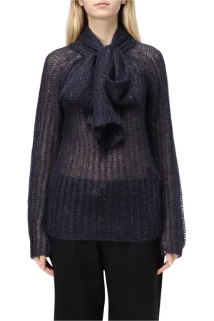 LIVIANA CONTI Strik, Dame, Blå, M, Uld, Blå Paillet Sløjfe Sweater