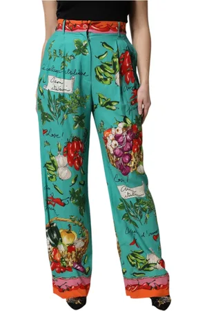 Dolce & Gabbana Bukser, Dame, Grøn, S, Grøn Silke Trykt Straight Bukser