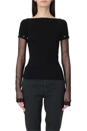 Sportmax Strik, Dame, Sort, L, Uld, Ribstrikket Top med Gennemsigtige Mesh-Ærmer